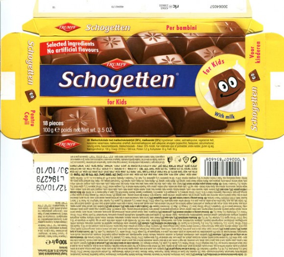 Schogetten for kids, milk chocolate, 100g, 12.10.2009, Trumpf Schokoladenfabrik GmbH, Saarlouis, Germany