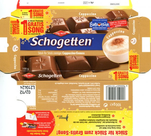 Schogetten, milk chocolate with capuccino chocolate filled, 100g, 02.20011, Trumpf Schokoladenfabrik GmbH, Saarlouis, Germany