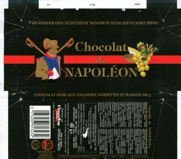 Chocolat de Napoleon, plain chocolate with almonds, hazelnuts and raisins, 100g, 01.11. 1998, Made in France for ChocoNap