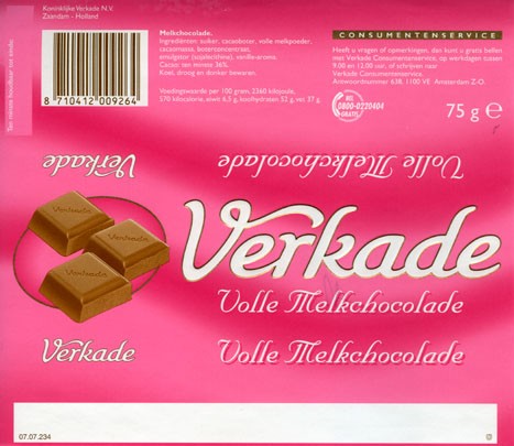 Milk chocolate, 75g, Verkade Consumentenservice, Amsterdam, Netherlands