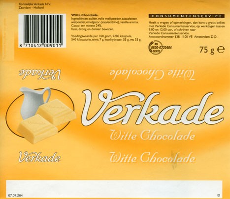 White chocolate, 75g, Verkade Consumentenservice, Amsterdam, Netherlands
