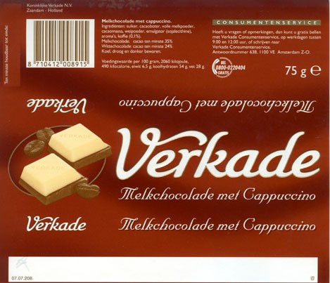 Milk chocolate with cappuccino, 75g, Verkade Consumentenservice, Amsterdam, Netherlands