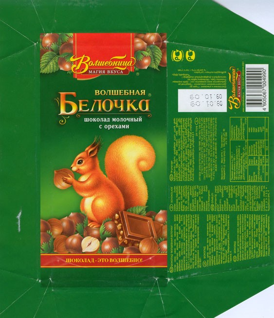Volshebnaja belochka, milk chocolate with nuts, 80g, 09.01.2009, Volshebnica chocolate factory, Malahovka, Russia