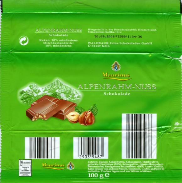 Maurinus Alpenrahm-Nuss,Mulk chocolate with hazelnuts, 100g, 30.09.2005, Waldbaur Feine Schokoladen GmbH, Koln, Germany