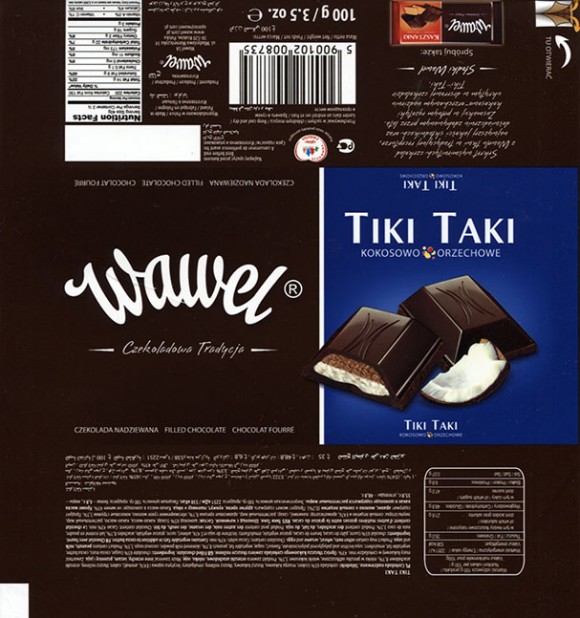 Tiki Taki, filled chocolate with coconut, 100g, 2014, Wawel S.A., Krakow, Poland