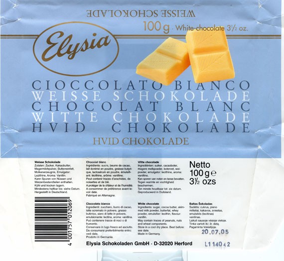 Elysia white chocolate, 100g, 20.07.2004
Elysia Schokoladen GmbH Herford Germany