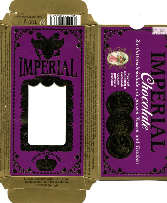 Imperial, plain chocolate with whole hazelnuts and rum raisins, 100g, 07.06.2011, Ludwig Weinrich & Co. GmbH, Herford, Germany