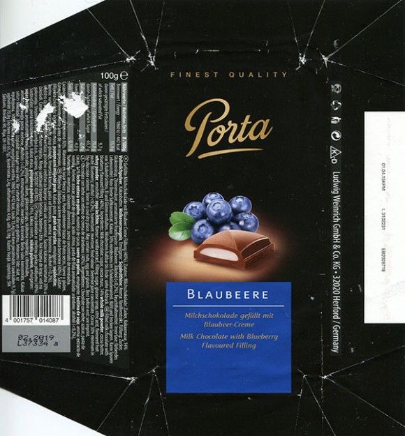 Porta, milk chocolate with blueberry flavoured filling, 100g, 02.2018, Ludwig Weinrich GmbH and Co.KG, Herford, Germany