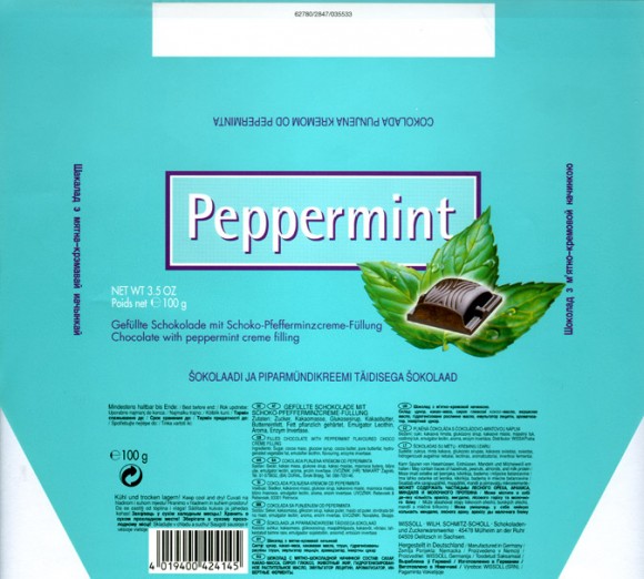 Peppermint, milk chocolate with peppermint creme filling, 100g, 1999, Wissoll, Germany