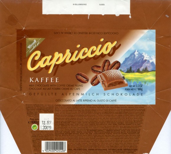 Capriccio, milk chocolate with coffee creme filling, 100g, 12.1996, Wissoll- Wilh.Schmitz-Scholl - Schokoladen- und Zuckerwarenwerke, Mulheim an der Ruhr, Germany