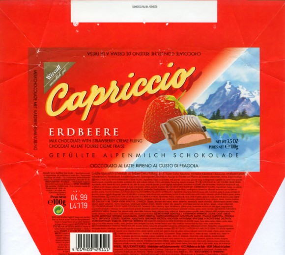 Capriccio, milk chocolate with strawberry creme filling, 100g, 04.1998, Wissoll- Wilh.Schmitz-Scholl - Schokoladen- und Zuckerwarenwerke, Mulheim an der Ruhr, Germany