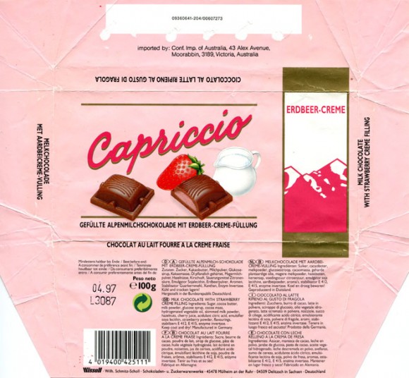 Capriccio, filled milk chocolate with strawberries filling, 100g, 04.1996, Wissoll- Wilh.Schmitz-Scholl, Mulheim an der Ruhr, Germany