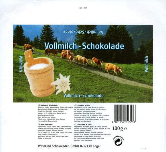 Vollmilch-Schokolade, milk chocolate 100g, 1990, Wittekind Schokoladen GmbH, Enger, Germany