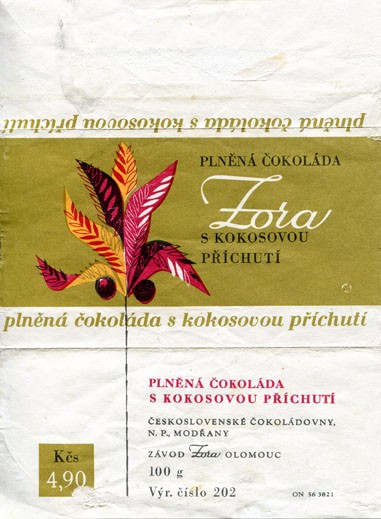 Milk chocolate with coconut flavoured, 100g, about 1965, Ceskoslovenske cokoladovny, N.P., Modrany, zavod Zora, Olomouz, Czechoslovakia