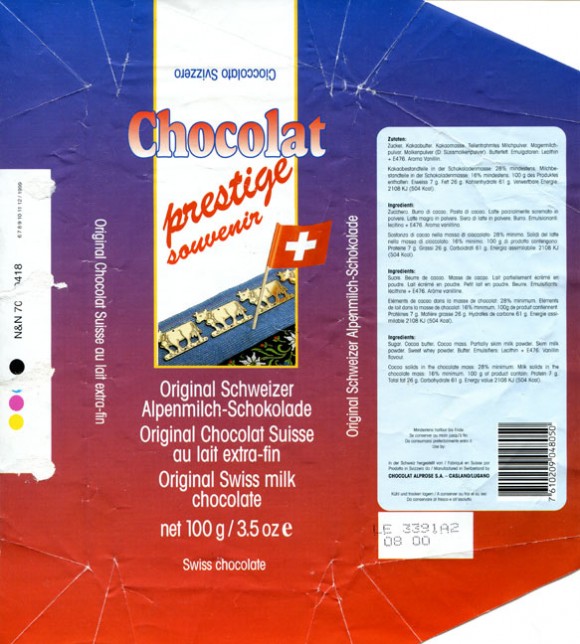 Chocolat Prestige souvenir, original Swiss milk chocolate, 100g, 08.1999, Chocolat Alprose S.A, Caslano-Lugano, Switzerland