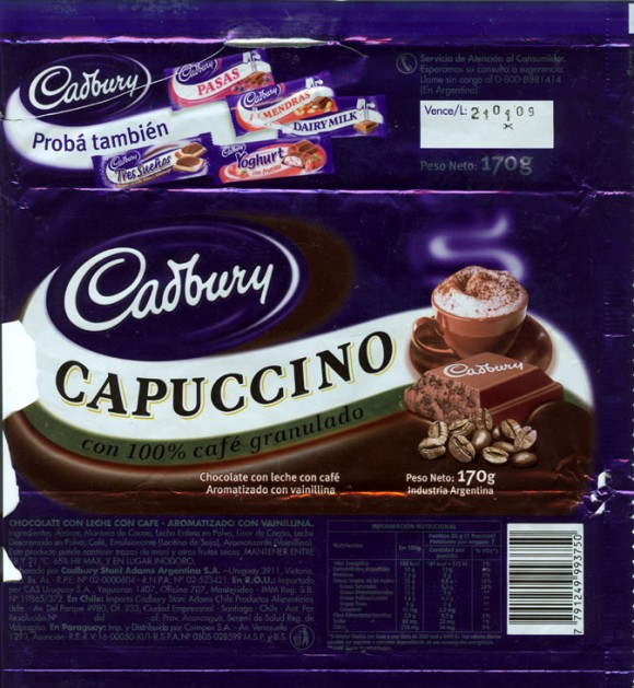 Capuccino, milk chocolate with vanilla and coffee flavoured granules, 170g, 21.01.2008, Cadbury Stani Adams Argentina S.A., Argentina