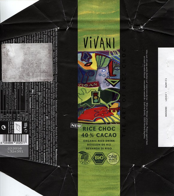 Vivani, organic rice drink couverture chocolate, 100g, 02.2015, EcoFinia GmbH, Herford, Germany/ art work Annette Wessel