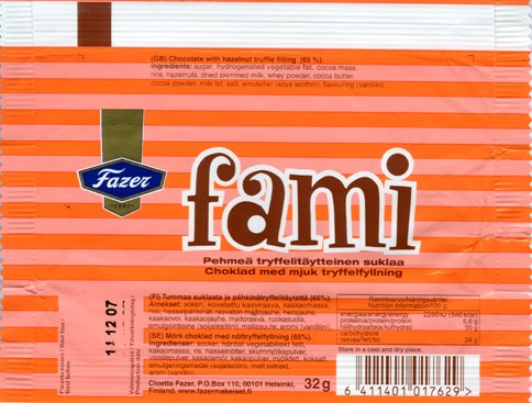 Fami, chocolate with hazelnut truffle filling, 32g, 11.12.2007, Cloetta Fazer Chocolate Ltd, Helsinki, Finland