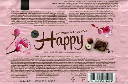 Do what makes you happy, milk chocolate with soft hazelnut filing, 37g, 09.03.2018, Fazer Makeiset oy, Helsinki, Finland