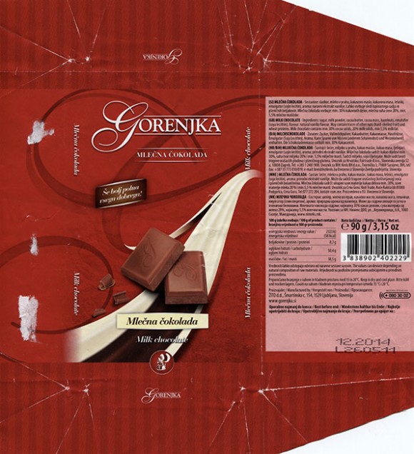 Gorenjka, milk chocolate, 90g, 12.2013, ZITO d.d., Ljubljana, Slovenia