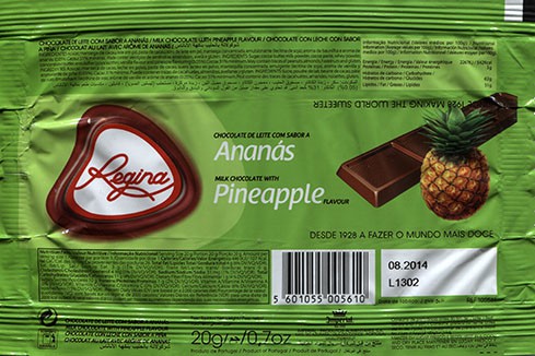 Regina, milk chocolate with pineapple flavour, 20g, 08.2014, Imperial produtos Alimentares S.A, Vila do Conde, Portugal