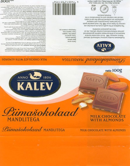 Kalev, milk chocolate with almonds, 100g, 09.2002
Kalev, Tallinn, Estonia
