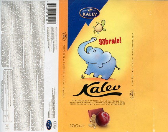 Kalev, milk chocolate with biscuit- and plum pieces, 100g, 23.11.2006, Kalev, Lehmja, Estonia