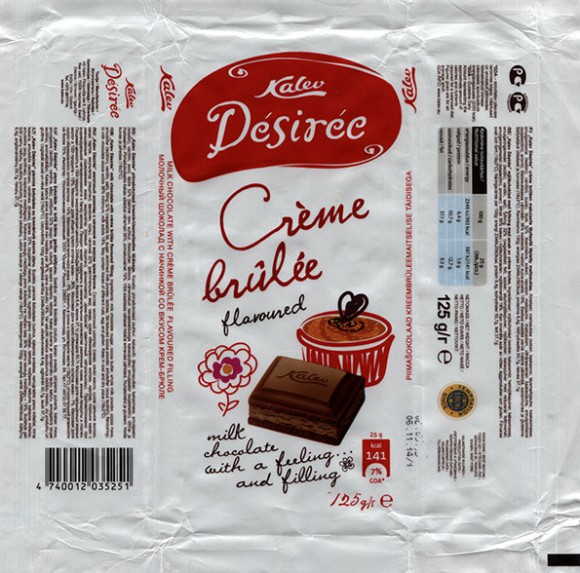 Kalev Desiree, milk chocolate with creme brulee flavoured filling, 125g, 06.11.2014, AS Kalev, Lehmja, Estonia
