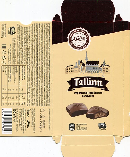 Tallinn dark chocolate with filling, 100g, 12.05.2022, Orkla Eesti AS, Lehmja, Estonia
