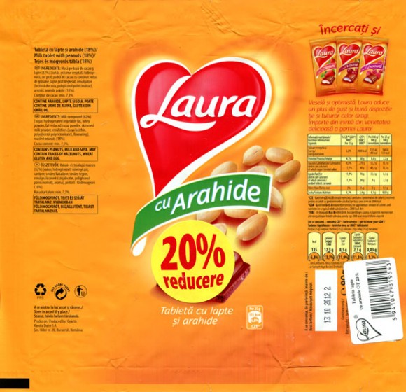 Laura, milk tablet with peanuts, 90g, 13.10.2011, Kandia Dulce S.A, Bucharest, Romania