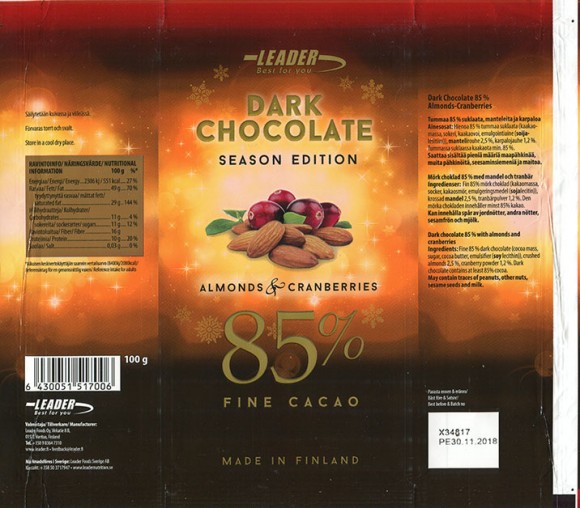 Dark chocolate season edition, dark chocolate 85% with almonds and cranberries, 100g, 30.11.2017, Leader Foods Oy, Vantaa, Finland