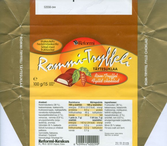 White chocolate with rom-truffel filling, sugar free, 100g, 22.10.2008, Reformi-Keskus, Espoo,  Made in Germany
