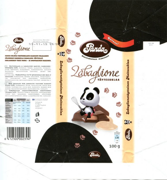 Panda, milk chocolate with zabaglione flavoured hazelnut filling, 100g, 02.01.2011, Panda chocolate factory, Vaajakoski, Finland