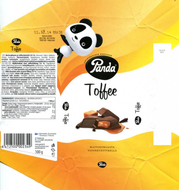 Milk chocolate with caramel filing, 100g, 02.12.2013, Panda chocolate factory, Vaajakoski, Finland