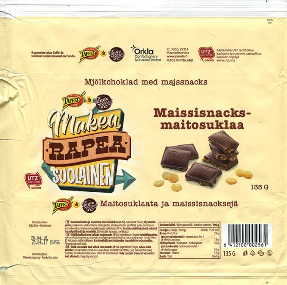 Milk chocolate and salted corn snacks, 135g, 20.04.2017, Orkla Confectionery and snacks Finalnd, Panda suklaa, Maarianhamina, Finland