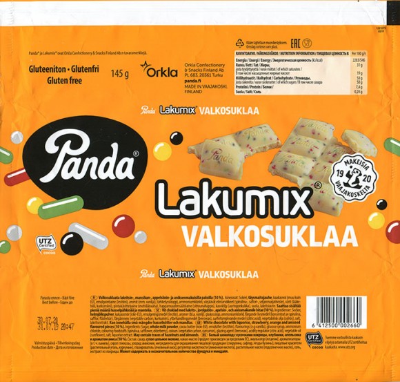 White chocolate with liquorice, strawberry, orange and aniseed flavoured pieces, 145g, 31.07.2019, Orkla Confectionery and snacks Finalnd, Panda, Vaajakoski, Finland