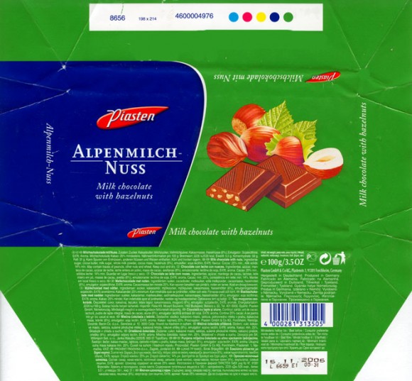 Milk chocolate with hazelnuts, 100g, 15.11.2005, Piasten GmbH&Co.KG, Forchheim, Germany