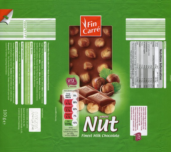 FinCarre, milk chocolate with nuts, 100g, 07.06.2015, Solent GmbH & Co. KG., Ubach-Palenberg, Germany