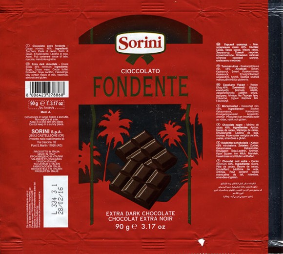 Extra dark chocolate, 90g, 28.02.2015, Sorini S.p.A, Castelleone, Italy