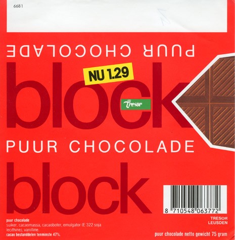Block, pure chocolate, 75g, Tresor, Leusden, Netherlands