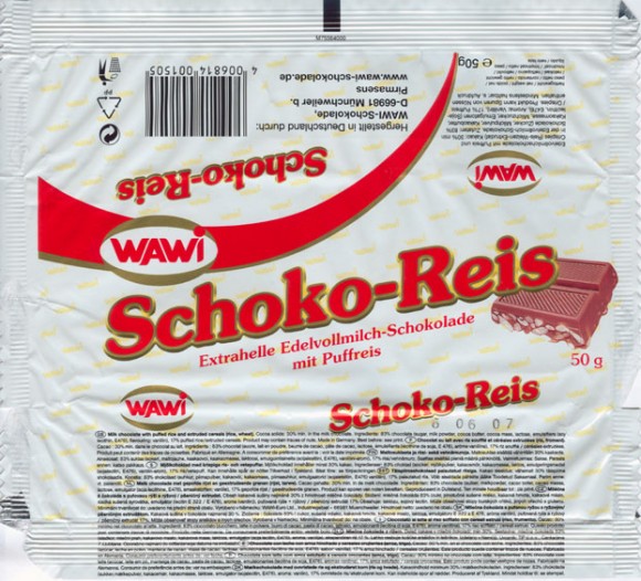Milk chocolate with puffed rice and extruded cereals, 50g, 05.02.2006, Wawi-Schokolade, Munchweiler, Germany