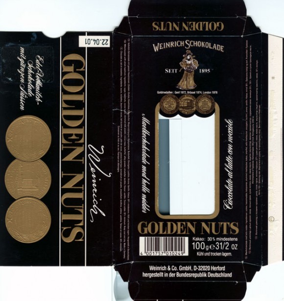 Golden Nuts, milk chocolate with whole hazelnuts, 100g, 22.04.2001
Weinrich&Co.GmbH, Herford