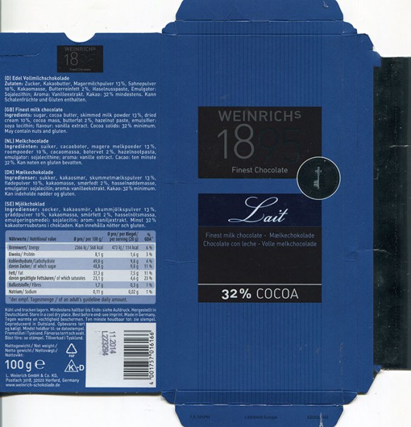Milk chocolate, 100g, 11.2013, Ludwig Weinrich GmbH and Co.KG, Herford, Germany