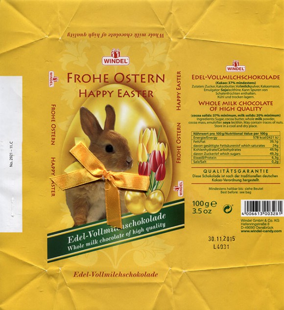 Happy Easter, whole milk chocolate of high quality, 100g, 30.11.2014, Windel GmbH & Co.KG, Osnabruck, Germany