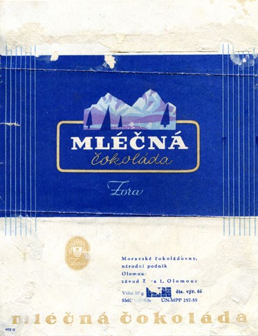 Milk chocolate, 50g, about 1960, Moravske cokoladovny, narodni podnik, zavod Zora, Olomouz, Czechoslovakia